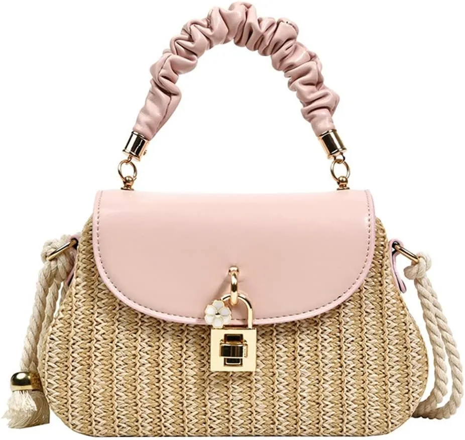 Straw Crossbody Bag for Women Hand Woven Shoulder Bag Leather Top Handle Small Boho Purse Rattan Beach Handbags