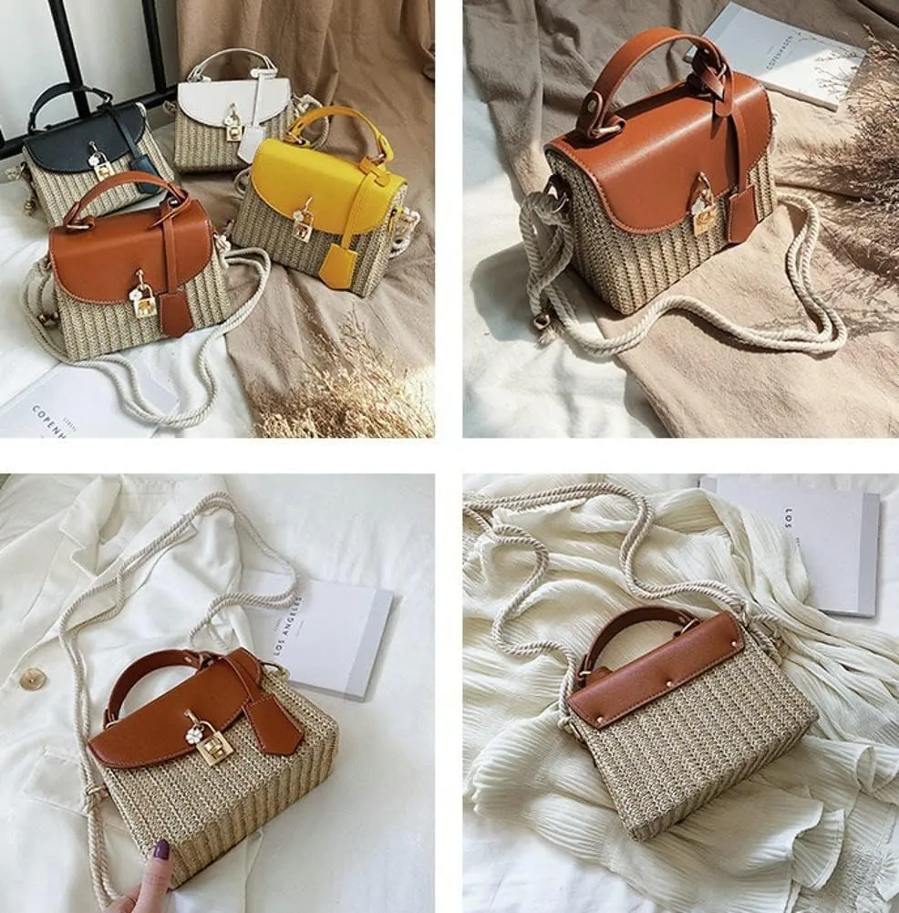 Straw Crossbody Bag for Women Hand Woven Shoulder Bag Leather Top Handle Small Boho Purse Rattan Beach Handbags