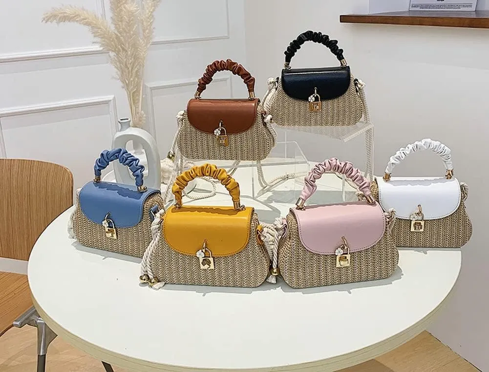 Straw Crossbody Bag for Women Hand Woven Shoulder Bag Leather Top Handle Small Boho Purse Rattan Beach Handbags
