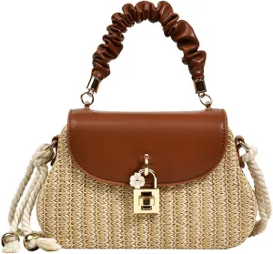 Straw Crossbody Bag for Women Hand Woven Shoulder Bag Leather Top Handle Small Boho Purse Rattan Beach Handbags