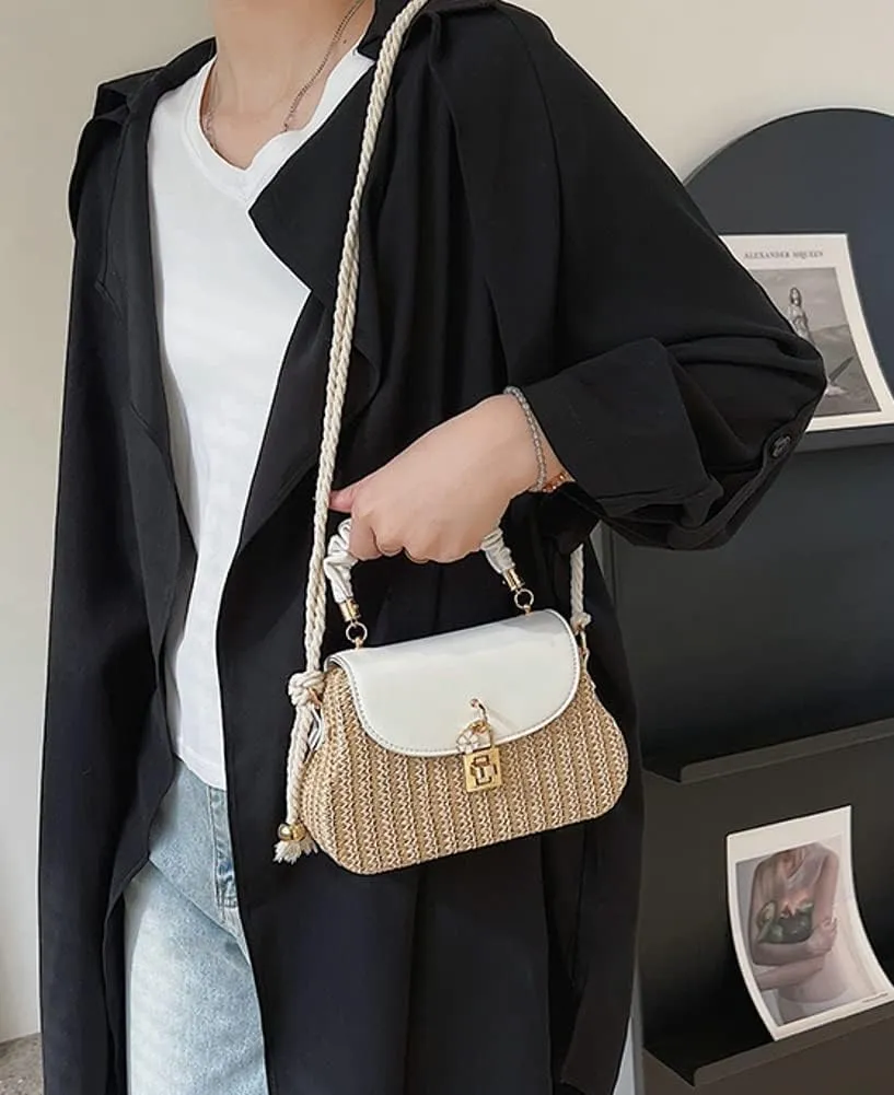 Straw Crossbody Bag for Women Hand Woven Shoulder Bag Leather Top Handle Small Boho Purse Rattan Beach Handbags