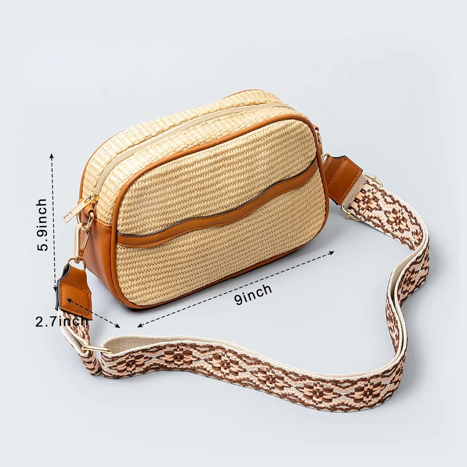 Straw Crossbody Bag for Women,Summer Beach Vacation Bag,Boho Woven Shoulder Handbag,with Canvas Strap,for Work Travel