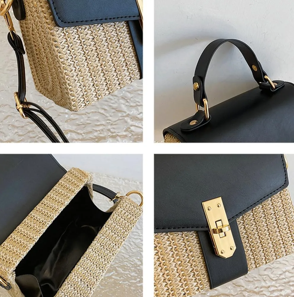 Straw Crossbody Bags for Women Hand Woven Shoulder Bag Leather Top Handle Fashion Summer Purses Vacation Handbags