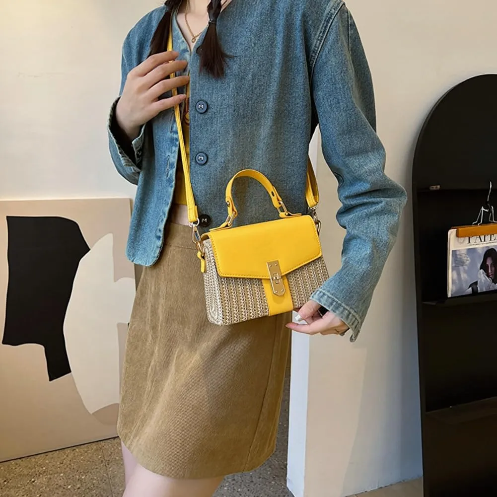 Straw Crossbody Bags for Women Hand Woven Shoulder Bag Leather Top Handle Fashion Summer Purses Vacation Handbags