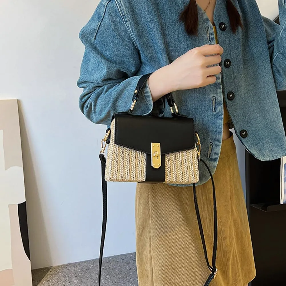 Straw Crossbody Bags for Women Hand Woven Shoulder Bag Leather Top Handle Fashion Summer Purses Vacation Handbags