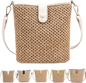 Straw Crossbody Bags for Women Trendy Beach Handmade Rattan Shoulder Bags Woven Leather Straps Clutch Purse Vacation