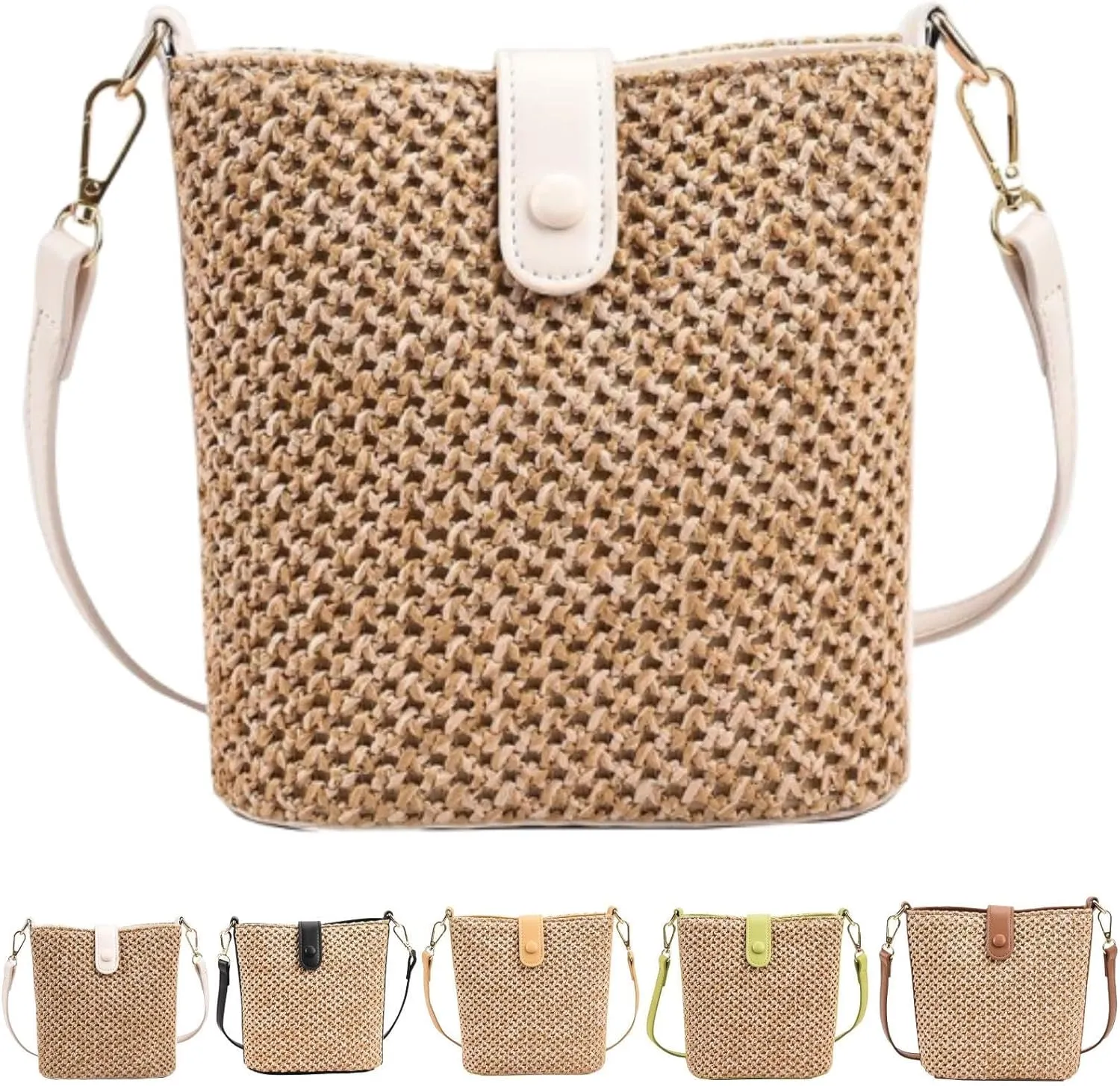 Straw Crossbody Bags for Women Trendy Beach Handmade Rattan Shoulder Bags Woven Leather Straps Clutch Purse Vacation