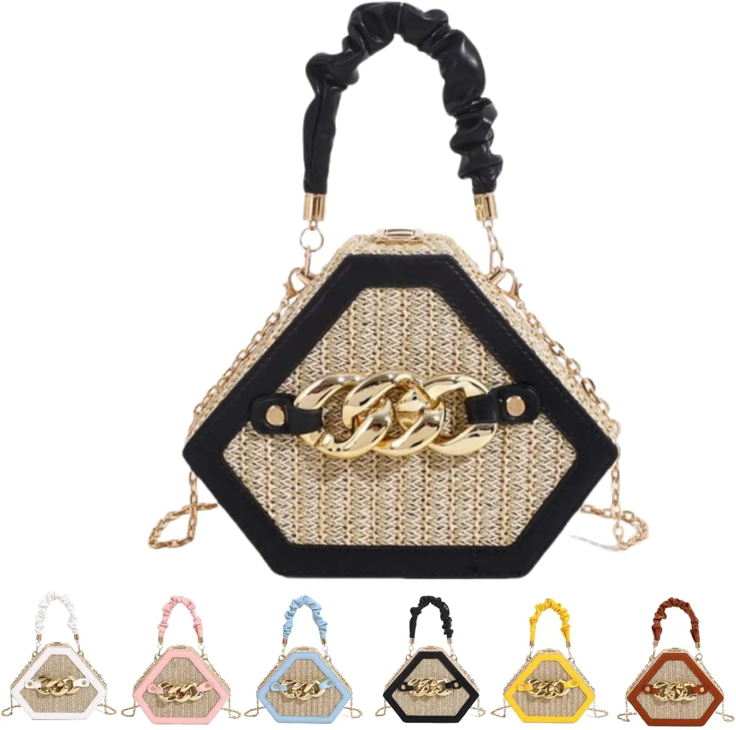 Straw Crossbody Bags for Women Trendy Beach Summer Fashion Chain Decorated Bohemia Handwoven Handbag Tote Purse Travel