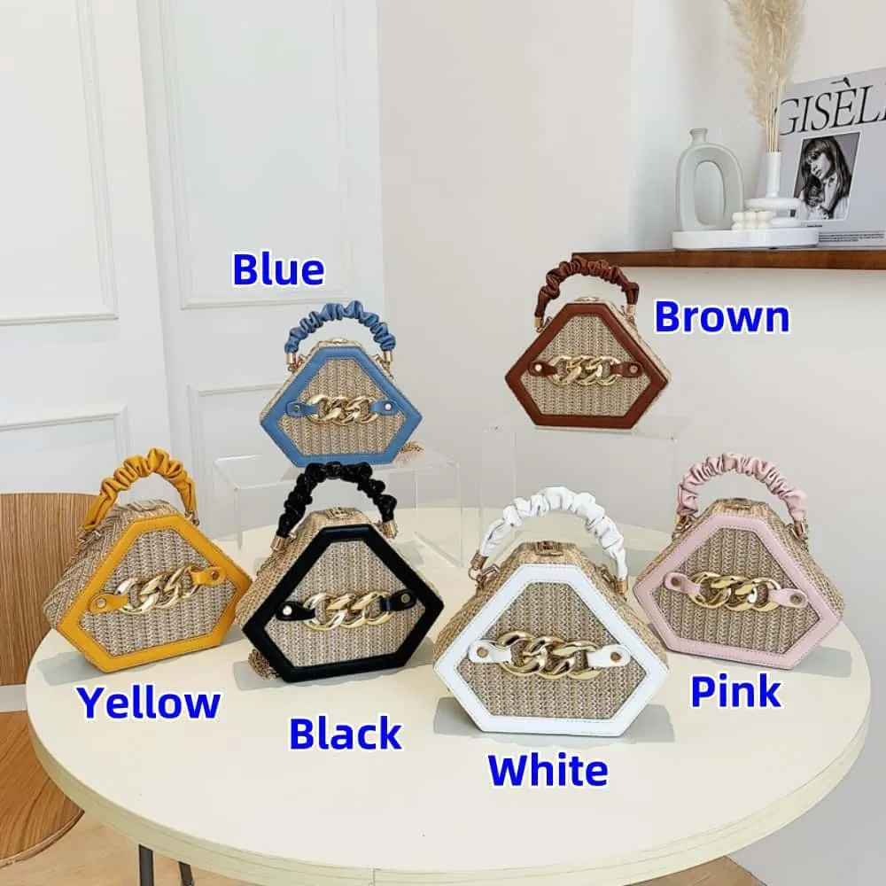 Straw Crossbody Bags for Women Trendy Beach Summer Fashion Chain Decorated Bohemia Handwoven Handbag Tote Purse Travel