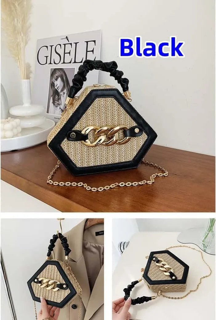 Straw Crossbody Bags for Women Trendy Beach Summer Fashion Chain Decorated Bohemia Handwoven Handbag Tote Purse Travel