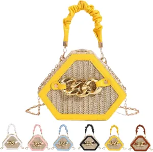 Straw Crossbody Bags for Women Trendy Beach Summer Fashion Chain Decorated Bohemia Handwoven Handbag Tote Purse Travel