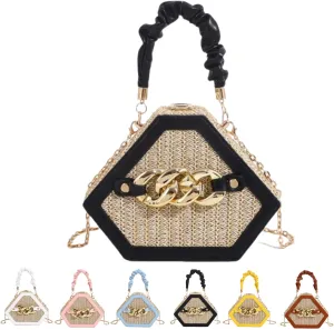 Straw Crossbody Bags for Women Trendy Beach Summer Fashion Chain Decorated Bohemia Handwoven Handbag Tote Purse Travel