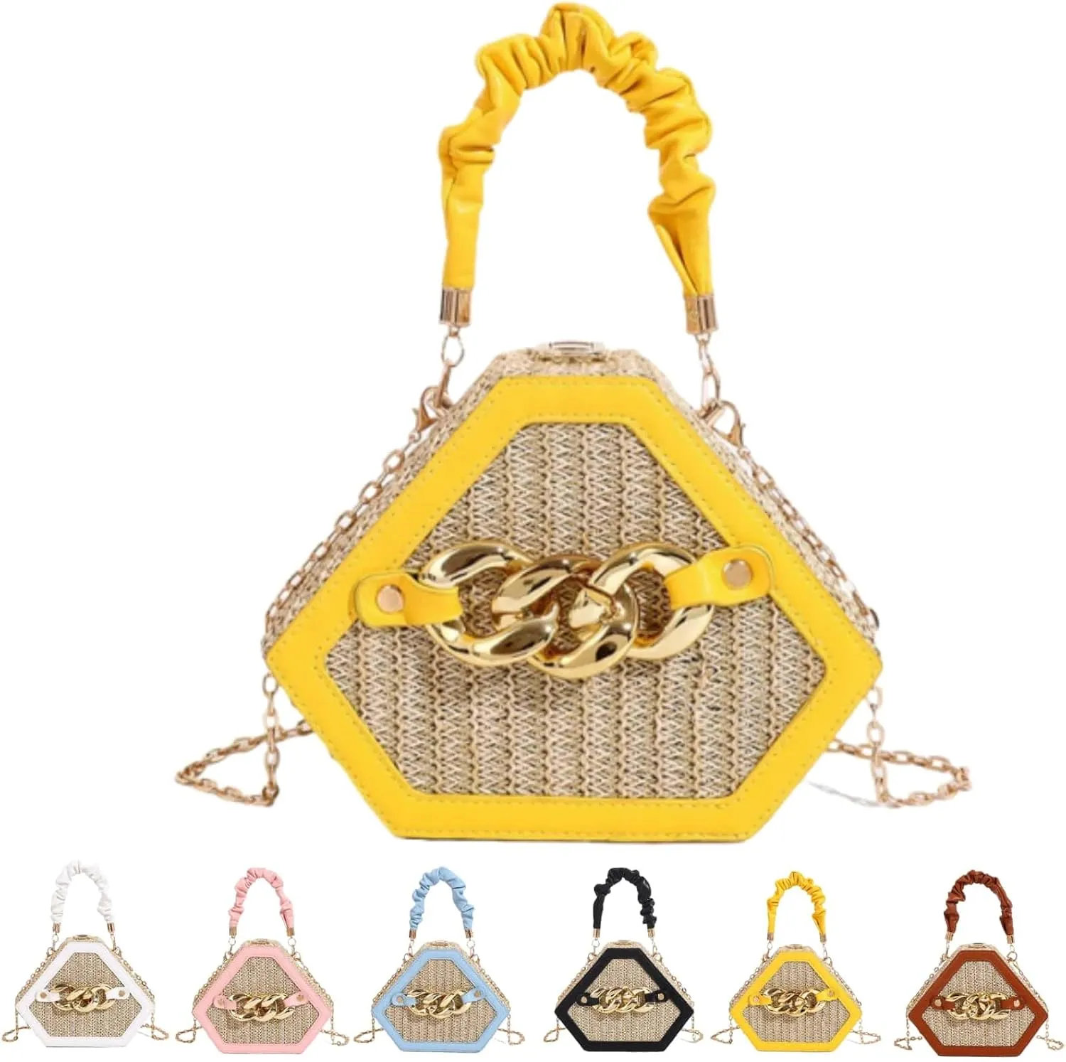 Straw Crossbody Bags for Women Trendy Beach Summer Fashion Chain Decorated Bohemia Handwoven Handbag Tote Purse Travel