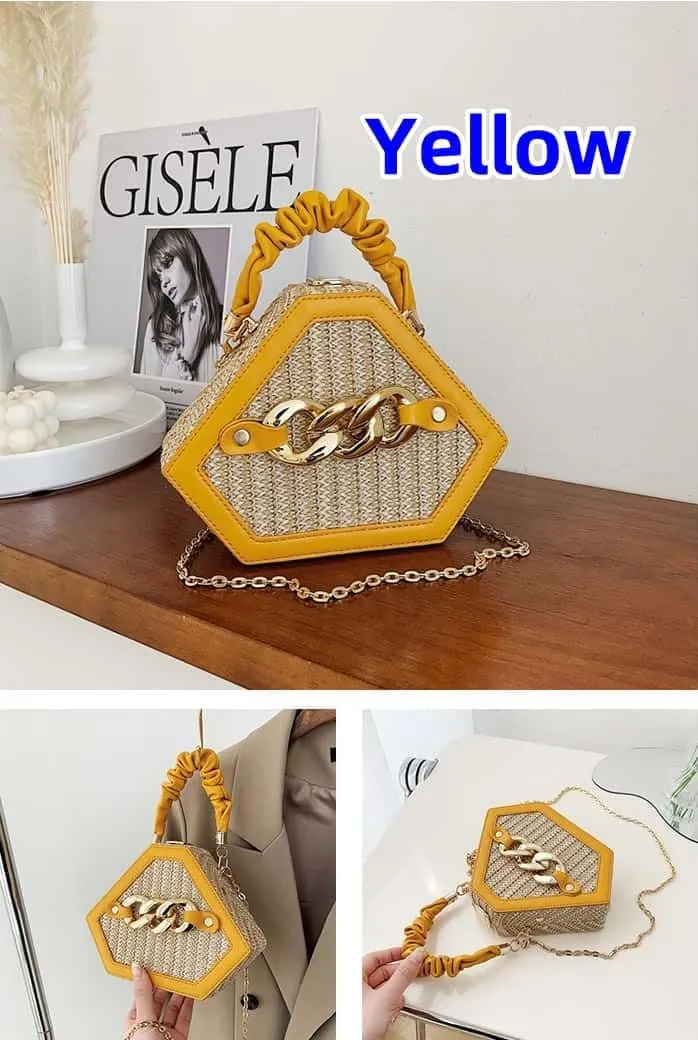 Straw Crossbody Bags for Women Trendy Beach Summer Fashion Chain Decorated Bohemia Handwoven Handbag Tote Purse Travel