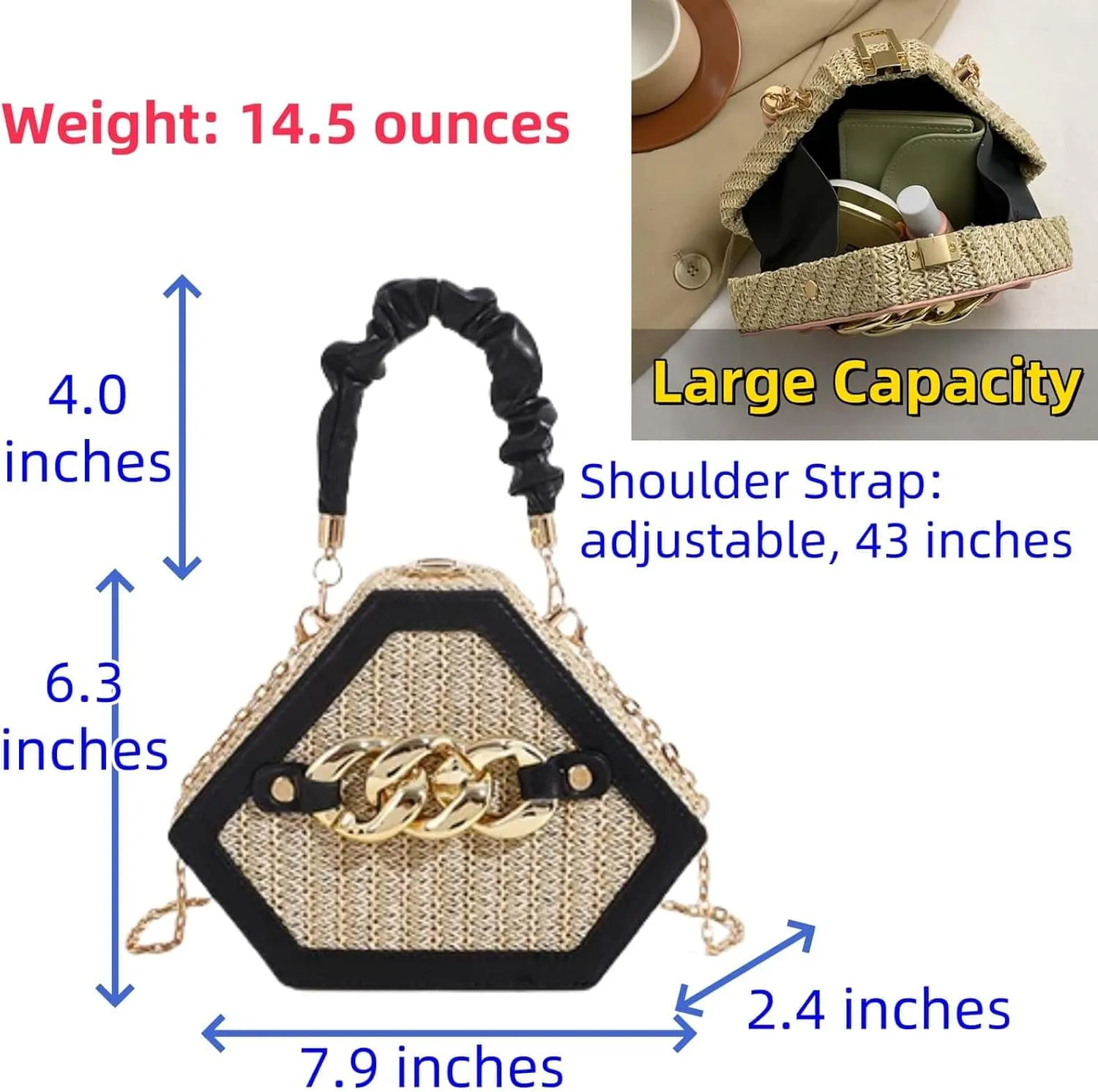 Straw Crossbody Bags for Women Trendy Beach Summer Fashion Chain Decorated Bohemia Handwoven Handbag Tote Purse Travel
