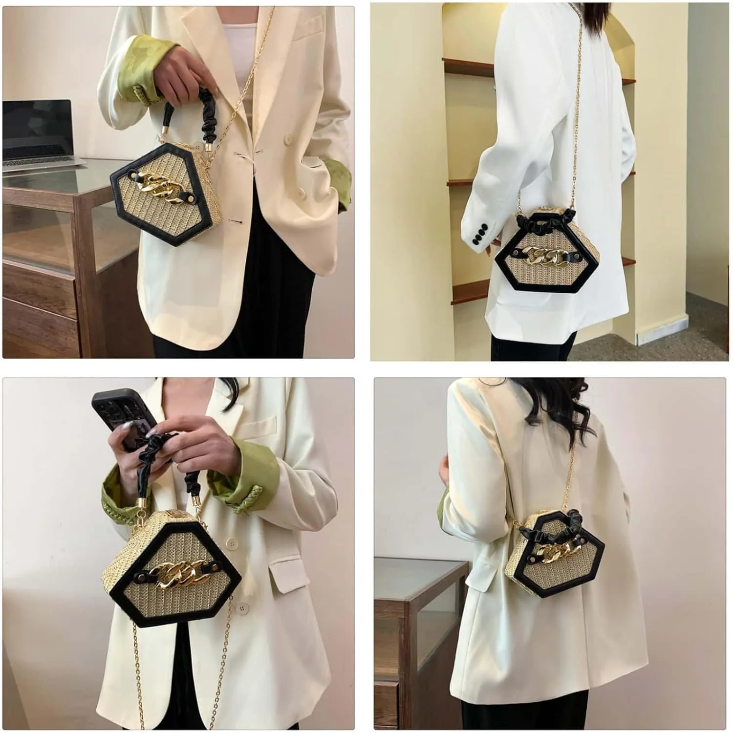 Straw Crossbody Bags for Women Trendy Beach Summer Fashion Chain Decorated Bohemia Handwoven Handbag Tote Purse Travel