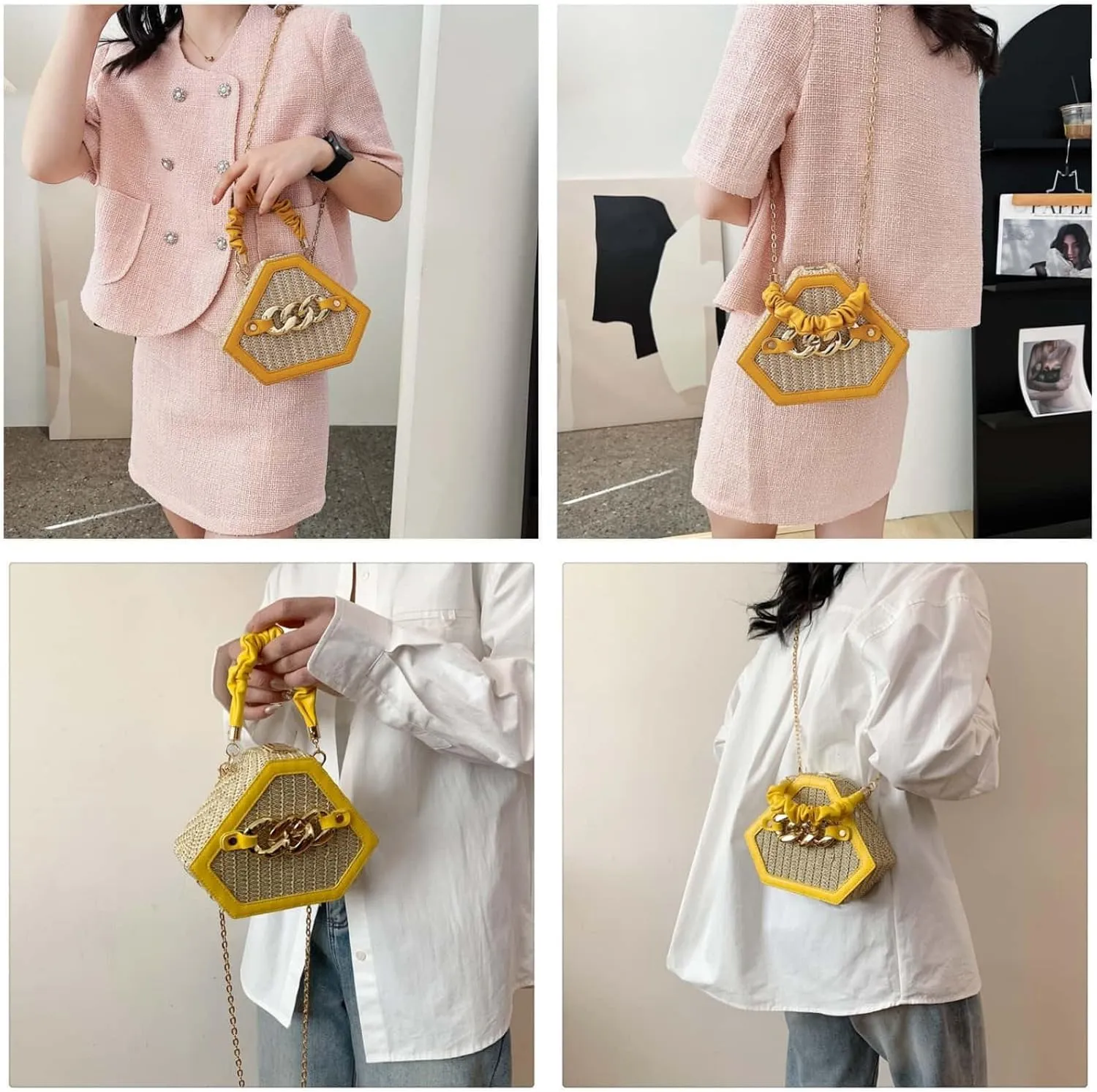 Straw Crossbody Bags for Women Trendy Beach Summer Fashion Chain Decorated Bohemia Handwoven Handbag Tote Purse Travel