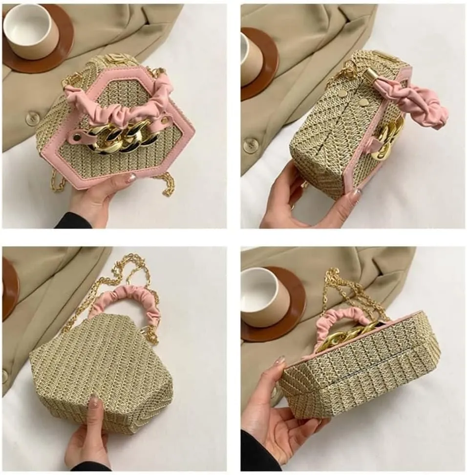 Straw Crossbody Bags for Women Trendy Beach Summer Fashion Chain Decorated Bohemia Handwoven Handbag Tote Purse Travel