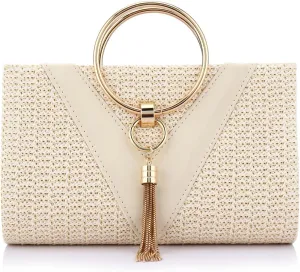 Straw Handbag Evening Bag Clutch Purses for Women, Fashion Summer Beach Tote Tassels Straw Clutch