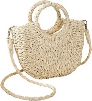 Straw Handbag for Women, Summer Beach Tote Bag with Round Handles and Shoulder Strap – Woven Rattan Purse for Vacation Casual Outfits