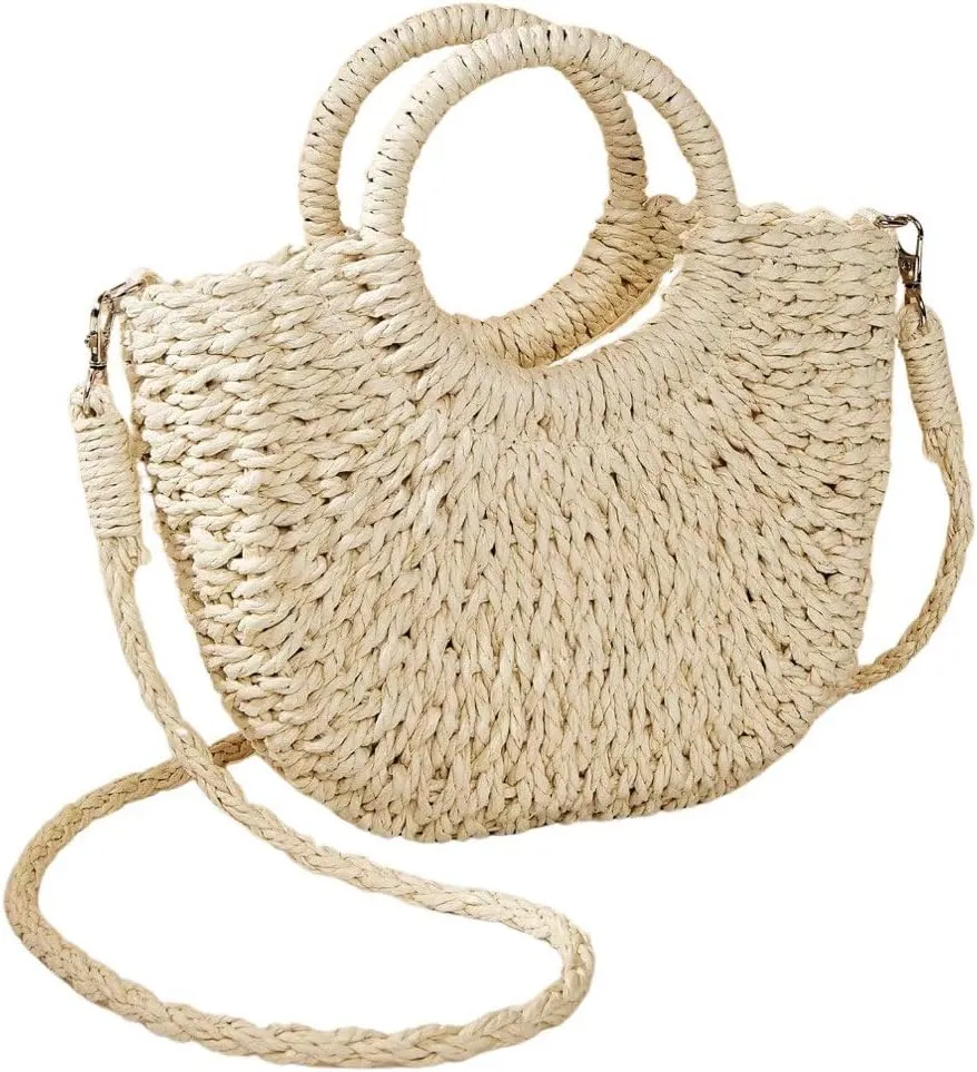 Straw Handbag for Women, Summer Beach Tote Bag with Round Handles and Shoulder Strap – Woven Rattan Purse for Vacation Casual Outfits