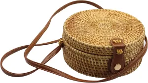 Straw Purse Round 7.9x7.9x3.1in with Shoulder Straps Summer Wicker Rattan Woven Crossbody Purse Beach Bags for Women, Summer Purse