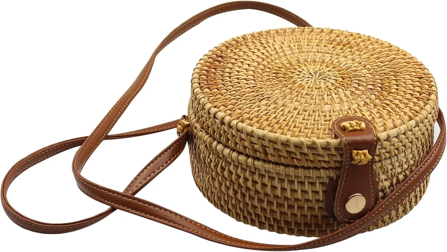 Straw Purse Round 7.9x7.9x3.1in with Shoulder Straps Summer Wicker Rattan Woven Crossbody Purse Beach Bags for Women, Summer Purse