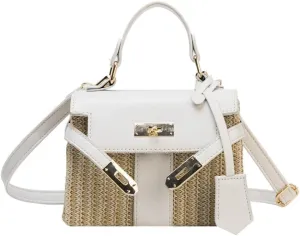 Straw Women Handbags Wicker Woven Shoulder Crossbody Bags Lock Pu Summer Beach Rattan Small Flap-1