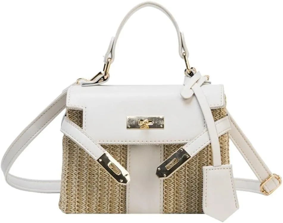 Straw Women Handbags Wicker Woven Shoulder Crossbody Bags Lock Pu Summer Beach Rattan Small Flap-1