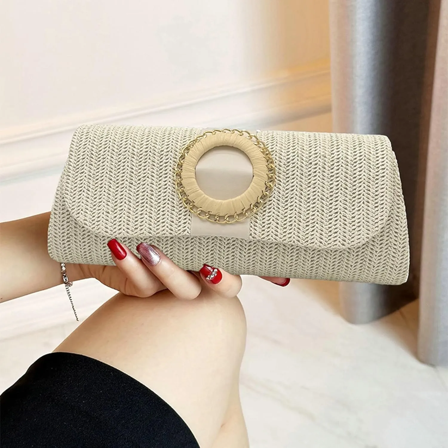 Straw Woven Clutch Purse 2025 Summer Boho Evening Handbag Chain Crossbody Bag Flap Envelope Vacation