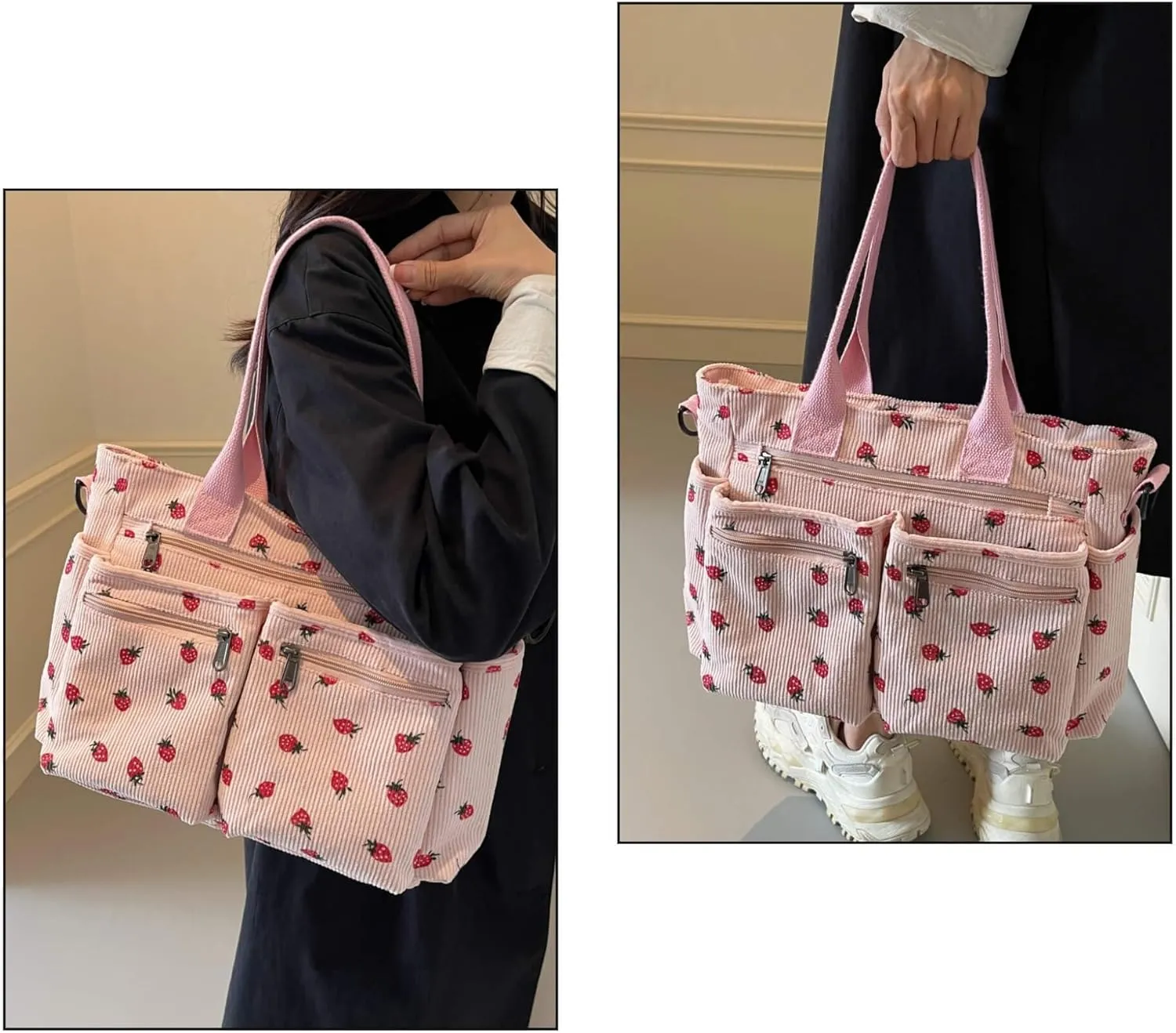 Strawberry Print Corduroy Tote Bag, Hobo Shoulder Bag for Women, Multi-Compartment Cute Crossbody Purse