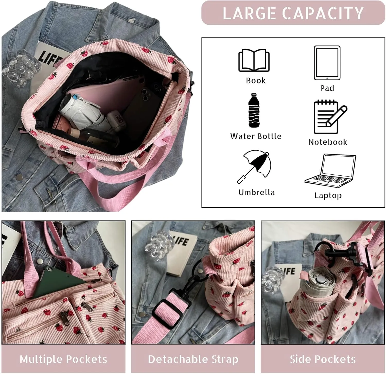 Strawberry Print Corduroy Tote Bag, Hobo Shoulder Bag for Women, Multi-Compartment Cute Crossbody Purse