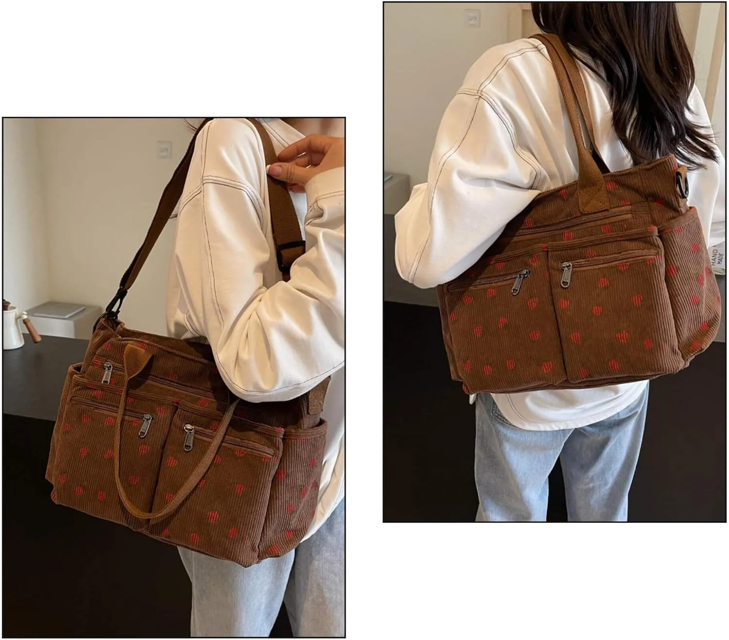 Strawberry Print Corduroy Tote Bag, Hobo Shoulder Bag for Women, Multi-Compartment Cute Crossbody Purse