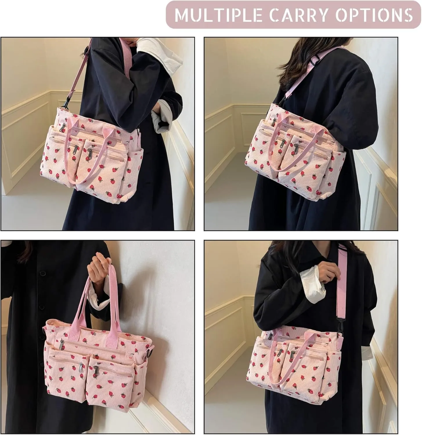 Strawberry Print Corduroy Tote Bag, Hobo Shoulder Bag for Women, Multi-Compartment Cute Crossbody Purse