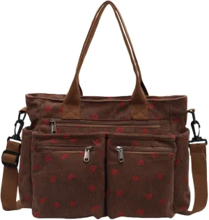 Strawberry Print Corduroy Tote Bag, Hobo Shoulder Bag for Women, Multi-Compartment Cute Crossbody Purse