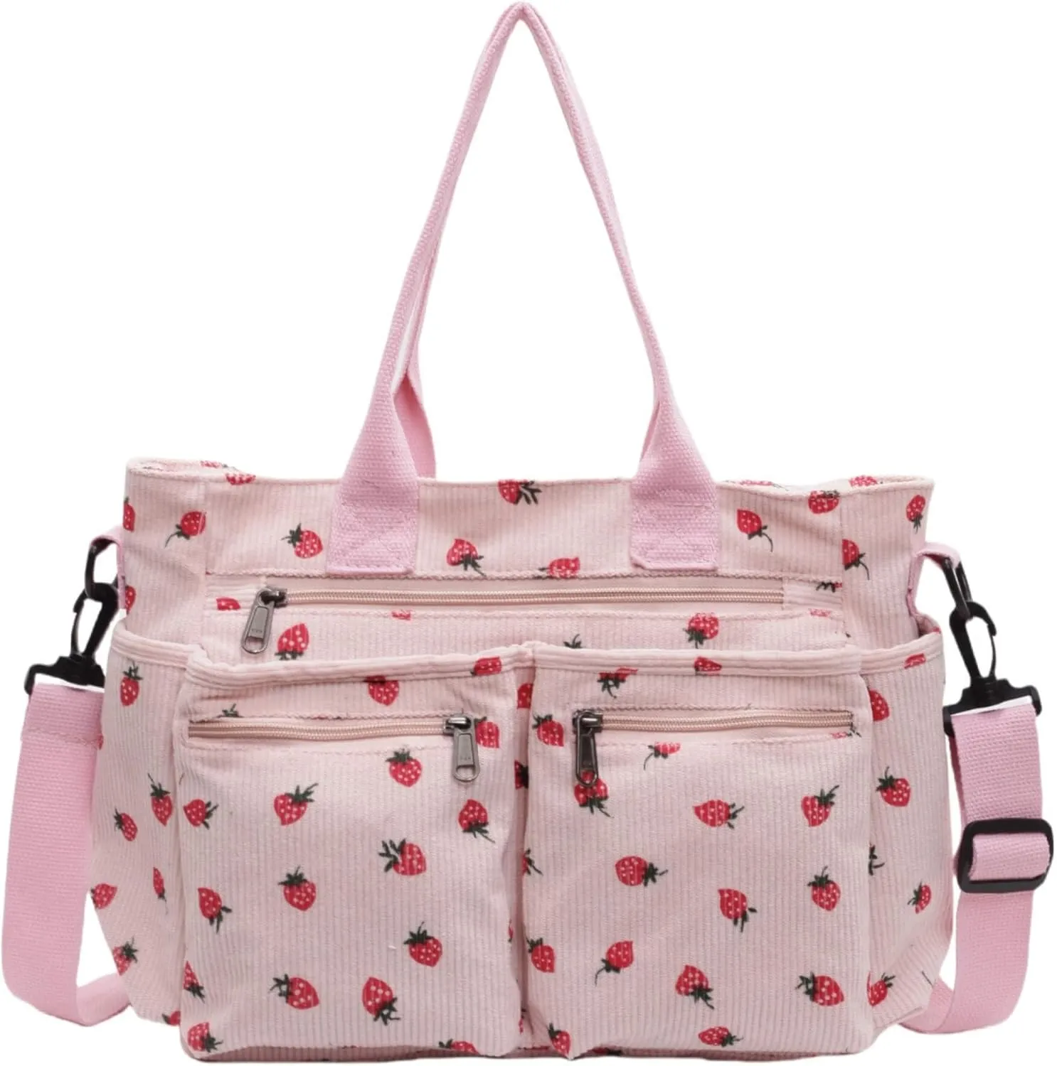 Strawberry Print Corduroy Tote Bag, Hobo Shoulder Bag for Women, Multi-Compartment Cute Crossbody Purse