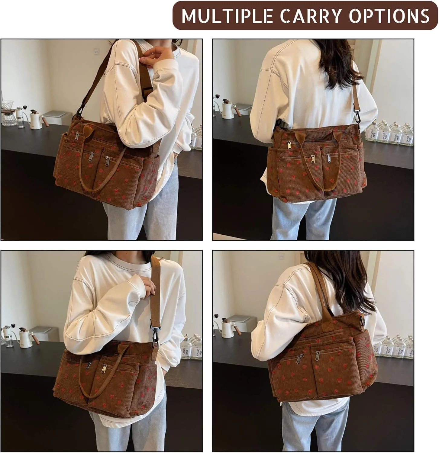 Strawberry Print Corduroy Tote Bag, Hobo Shoulder Bag for Women, Multi-Compartment Cute Crossbody Purse