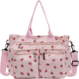 Strawberry Print Corduroy Tote Bag, Hobo Shoulder Bag for Women, Multi-Compartment Cute Crossbody Purse