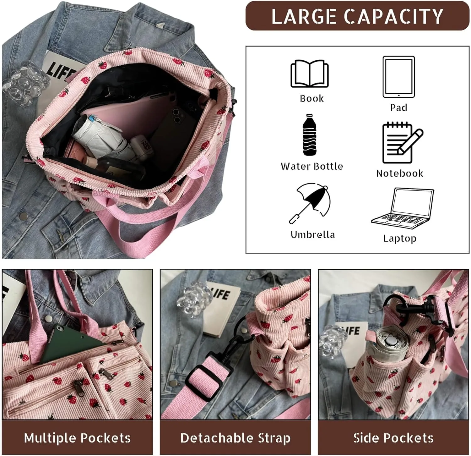 Strawberry Print Corduroy Tote Bag, Hobo Shoulder Bag for Women, Multi-Compartment Cute Crossbody Purse