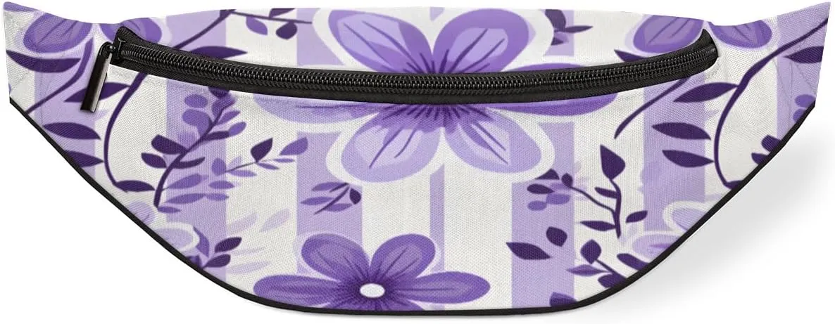 Striped Floral Purple Fanny Pack for Women Men Waist Pack Crossbody Bag with Adjustable Belt for Travel Hiking Running Cycling Festivals