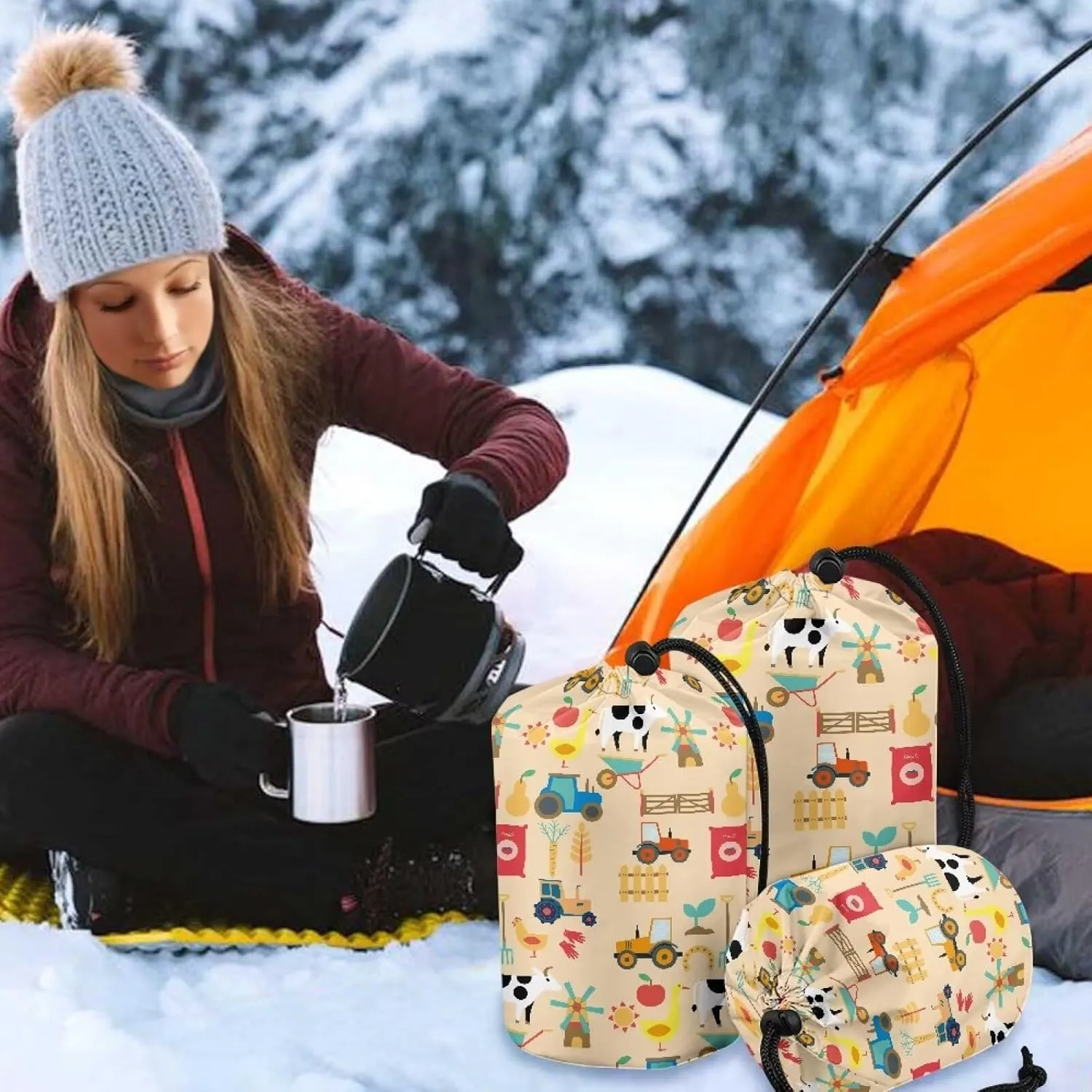 Stuff Bag Car Pattern Stuff Sack Water Resistant Stuff Sacks for Backpacking Set of 3Drawstring Storage Bag for Travelling Hiking