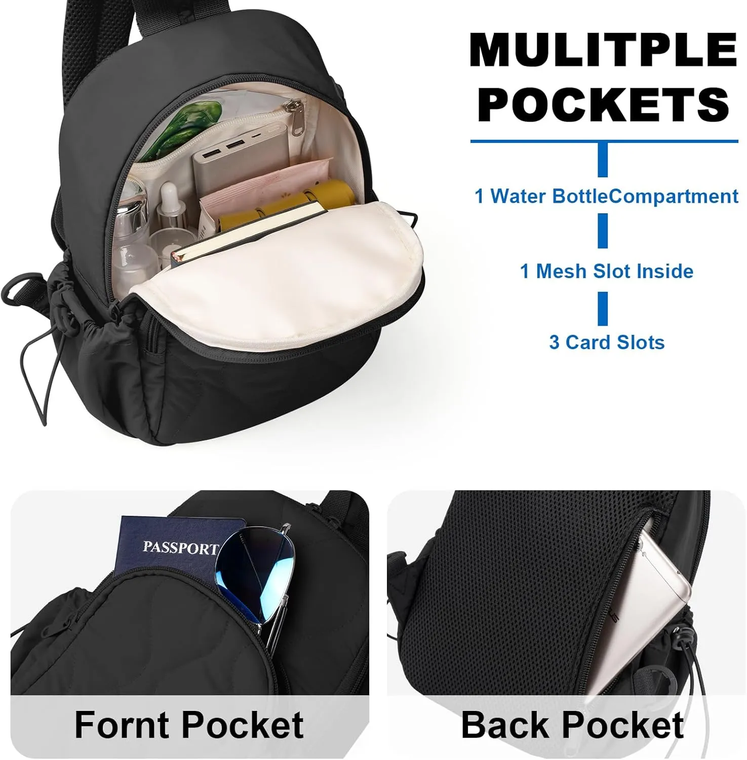 Stylish Sling Bag for Women – Versatile Crossbody Backpack with Adjustable Strap, Lightweight Shoulder Bag for Travel, Hiking & Sports(Black-Small)