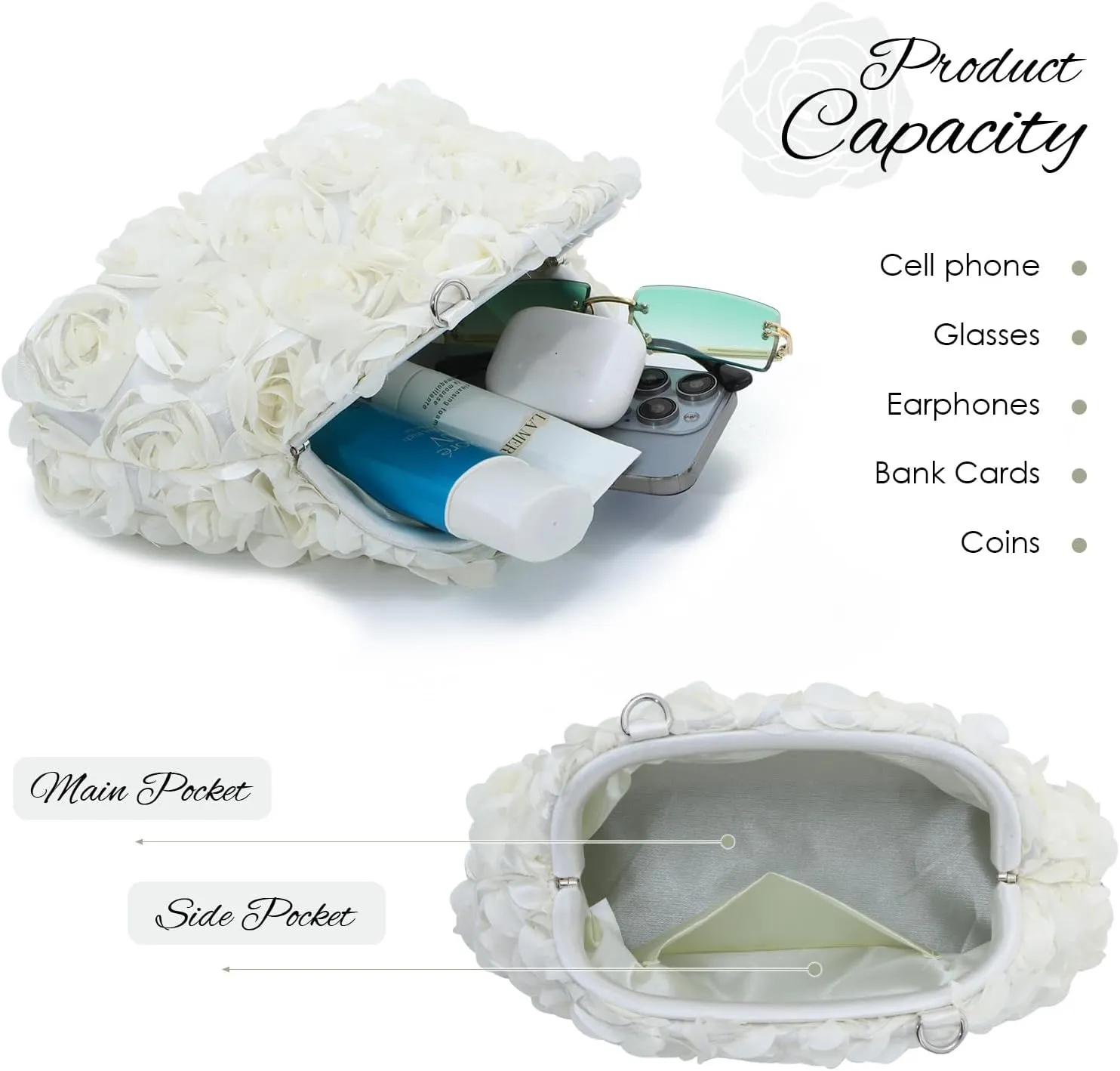 SUKUTU Flower Evening Bag Floral Clutch Bag Satin Handbag with Detachable Strap for Weeding Party Prom