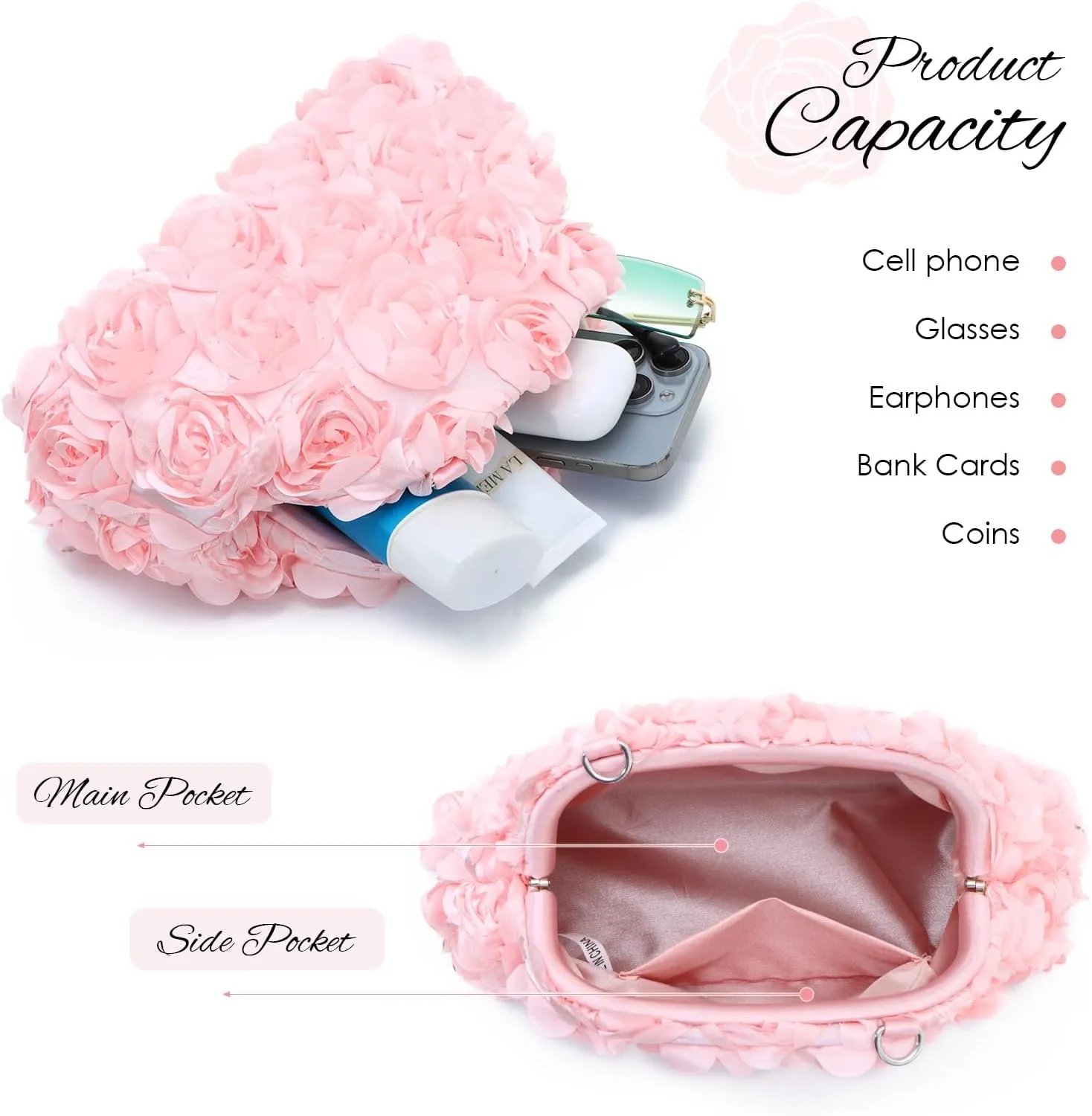 SUKUTU Flower Evening Bag Floral Clutch Bag Satin Handbag with Detachable Strap for Weeding Party Prom