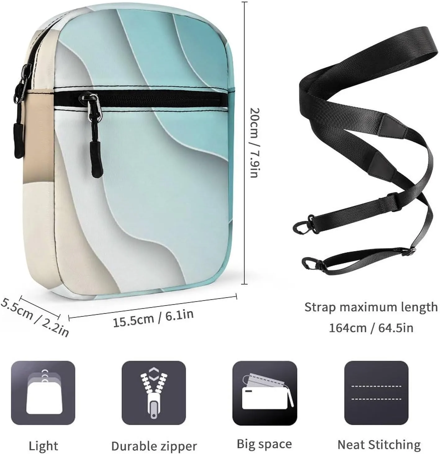 Summer Abstract Blue Turquoise Sea Waves and Brown Sand Waves Adjustable Fanny Waist Pack Pouch, Waterproof Crossbody Runners Bag Wallet for Gym Hiking Fitness Women Men 6.1 x 2.2 x 7.9 inch