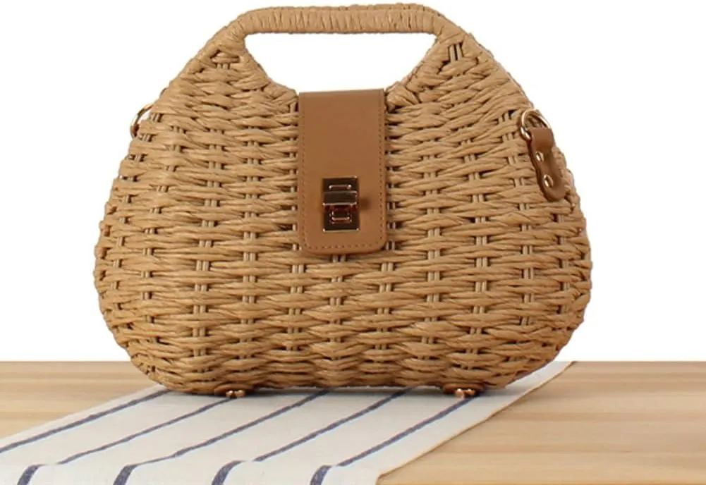 Summer Straw Bag for Women Hand-woven Crossbody Shoulder Bag Top Handle Handbag Small Tote Clutch Rattan Beach Purse