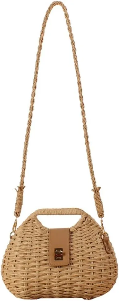 Summer Straw Bag for Women Hand-woven Crossbody Shoulder Bag Top Handle Handbag Small Tote Clutch Rattan Beach Purse