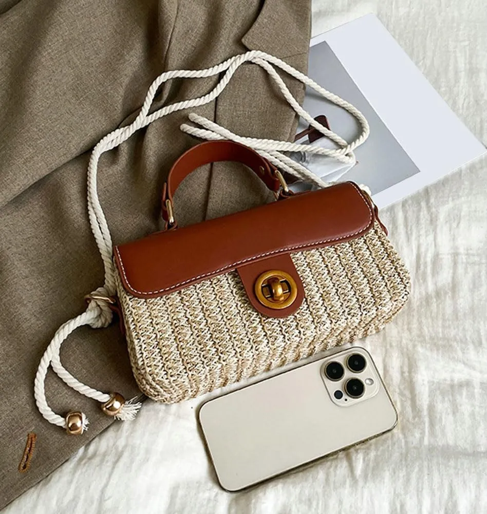 Summer Straw Beach Bag Chic Straw Crossbody Bags Top Handle Satchel with Lock Closure Small Square Bag Versatile Box Purse