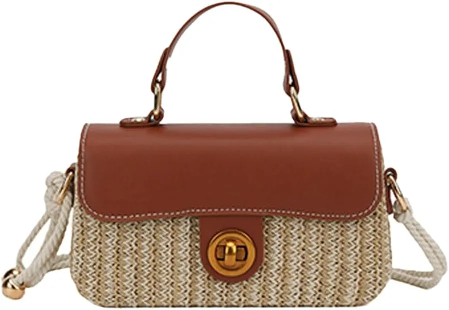Summer Straw Beach Bag Chic Straw Crossbody Bags Top Handle Satchel with Lock Closure Small Square Bag Versatile Box Purse