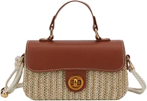 Summer Straw Beach Bag Chic Straw Crossbody Bags Top Handle Satchel with Lock Closure Small Square Bag Versatile Box Purse